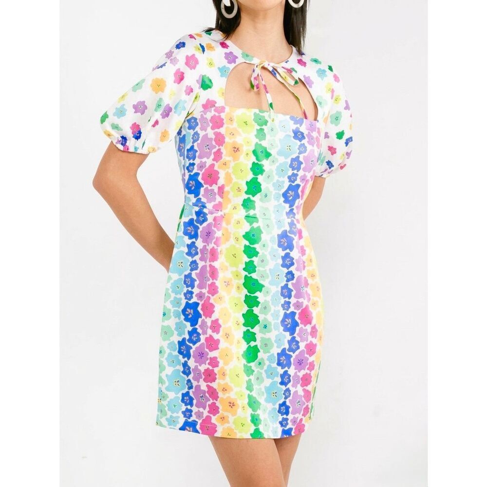 NWOT Never Fully Dressed Y2K Retro Rainbow Floral Dopamine Pride Mini Dress 4